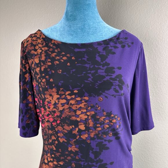 Jones New York Dress Women 16 stretch ruched plum russet berry gold flattering - Picture 2 of 16